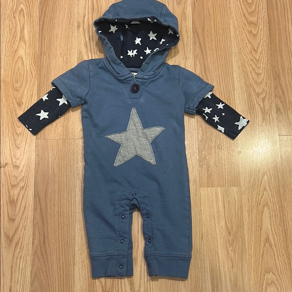 Hatley Blue Hooded Baby Romper with Star Design